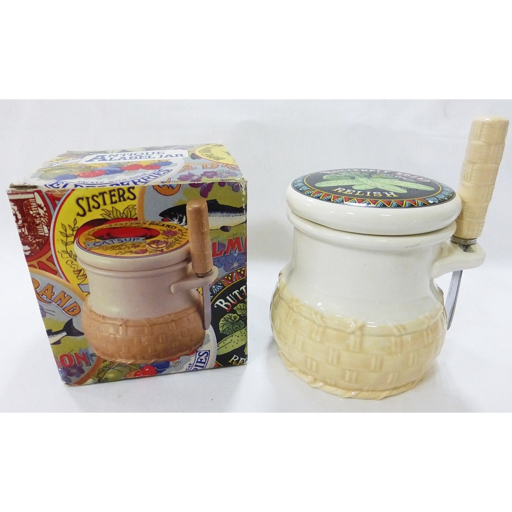 Vtg Shafford porcelain relish jar with Lid & knife 1984 japan country whimsical